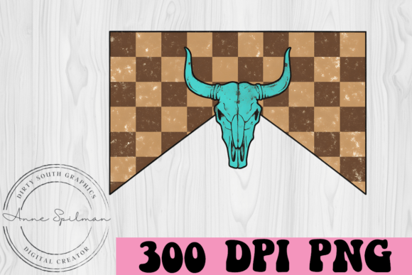 Western Check Bull Skull Turquoise for Embroidery Projects